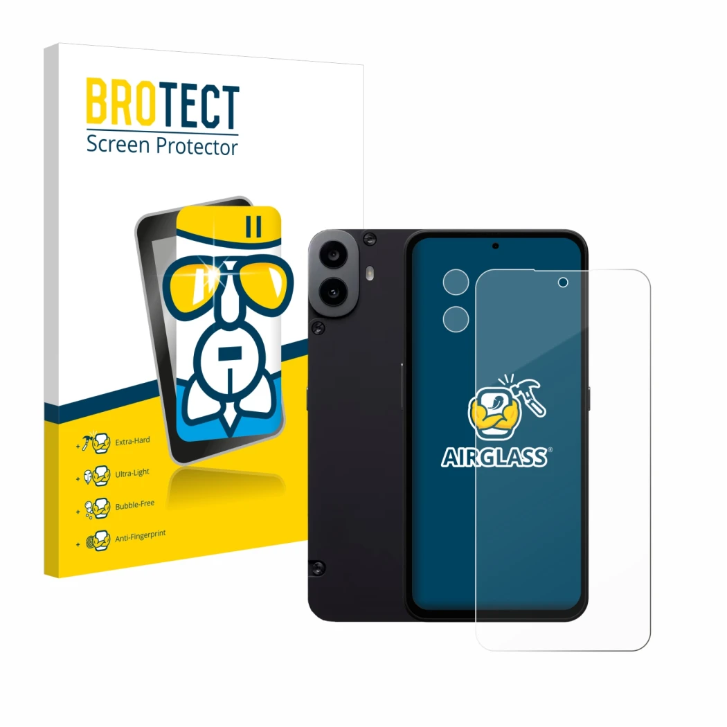 Front side of a product packaging with the brand logo BROTECT. Next to it is the device Nothing CMF Phone 1 (Front+Camera) sho