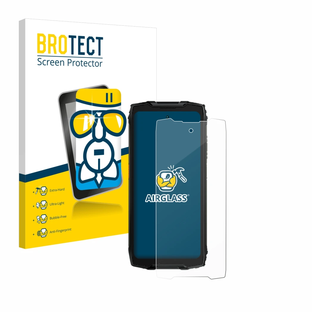 Front side of a product packaging with the brand logo BROTECT. Next to it is the device Blackview BV9300 Pro shown with the co