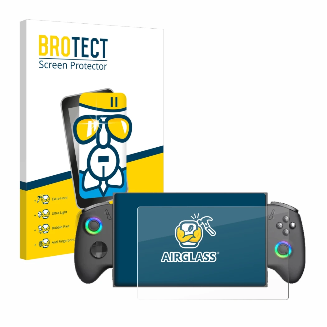 Front side of a product packaging with the brand logo BROTECT. Next to it is the device OneXPlayer X1 Mini shown with the corr