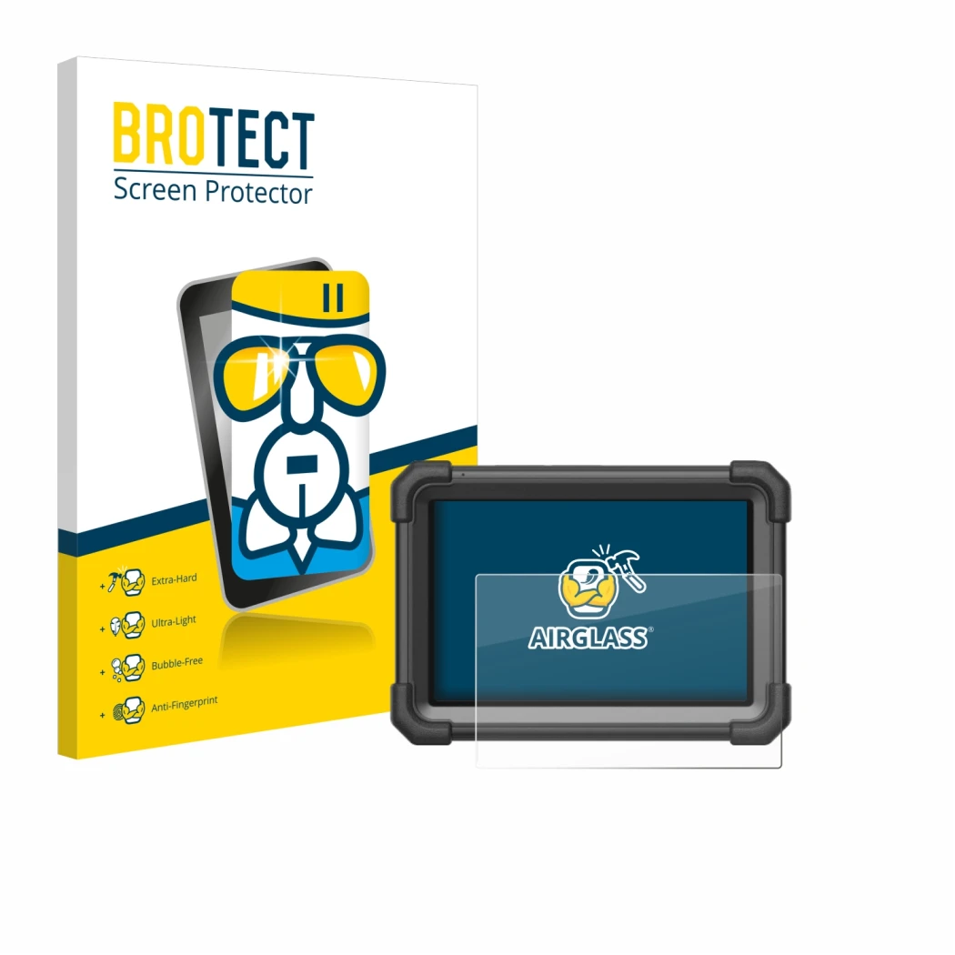 Front side of a product packaging with the brand logo BROTECT. Next to it is the device Launch X-431 Pro Dyno shown with the c