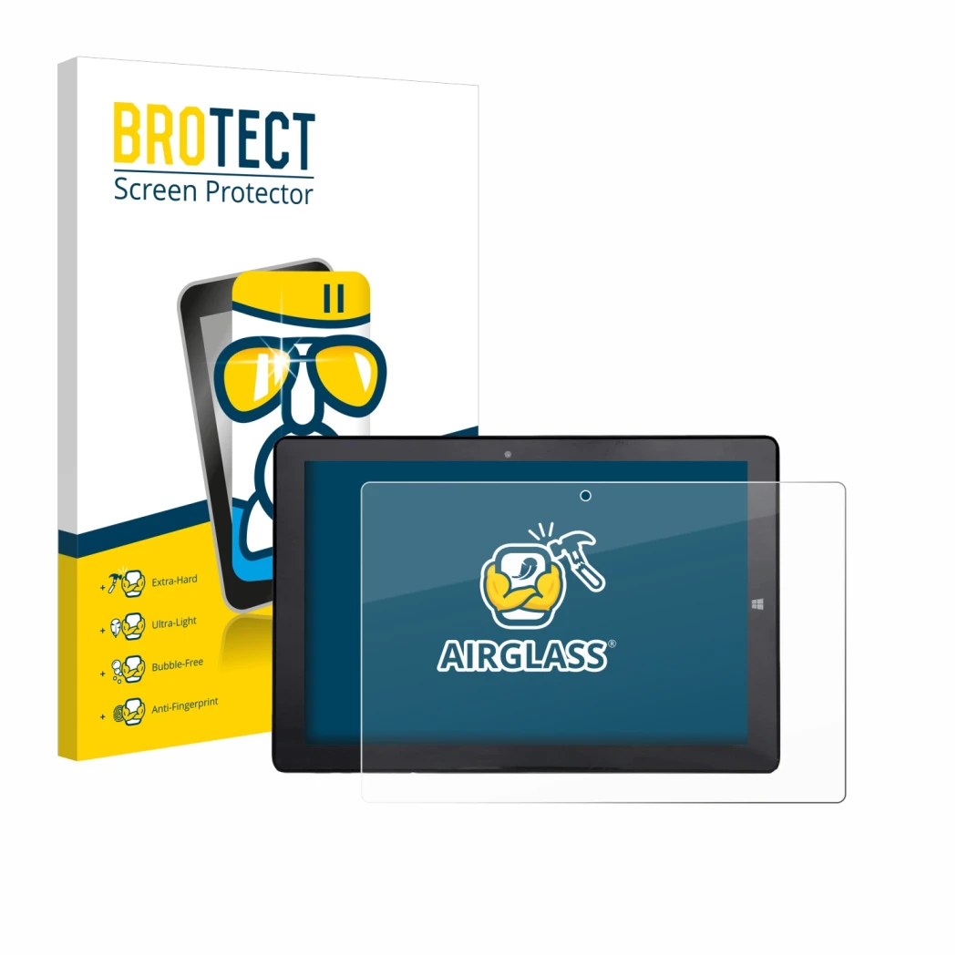 Front side of a product packaging with the brand logo BROTECT. Next to it is the device Awow AiBook 10 shown with the correspo