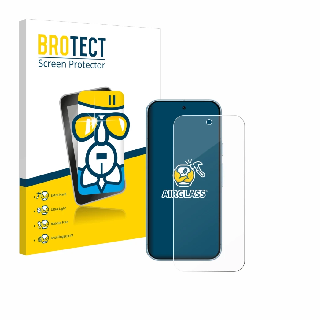 Front side of a product packaging with the brand logo BROTECT. Next to it is the device Google Pixel 9 shown with the correspo