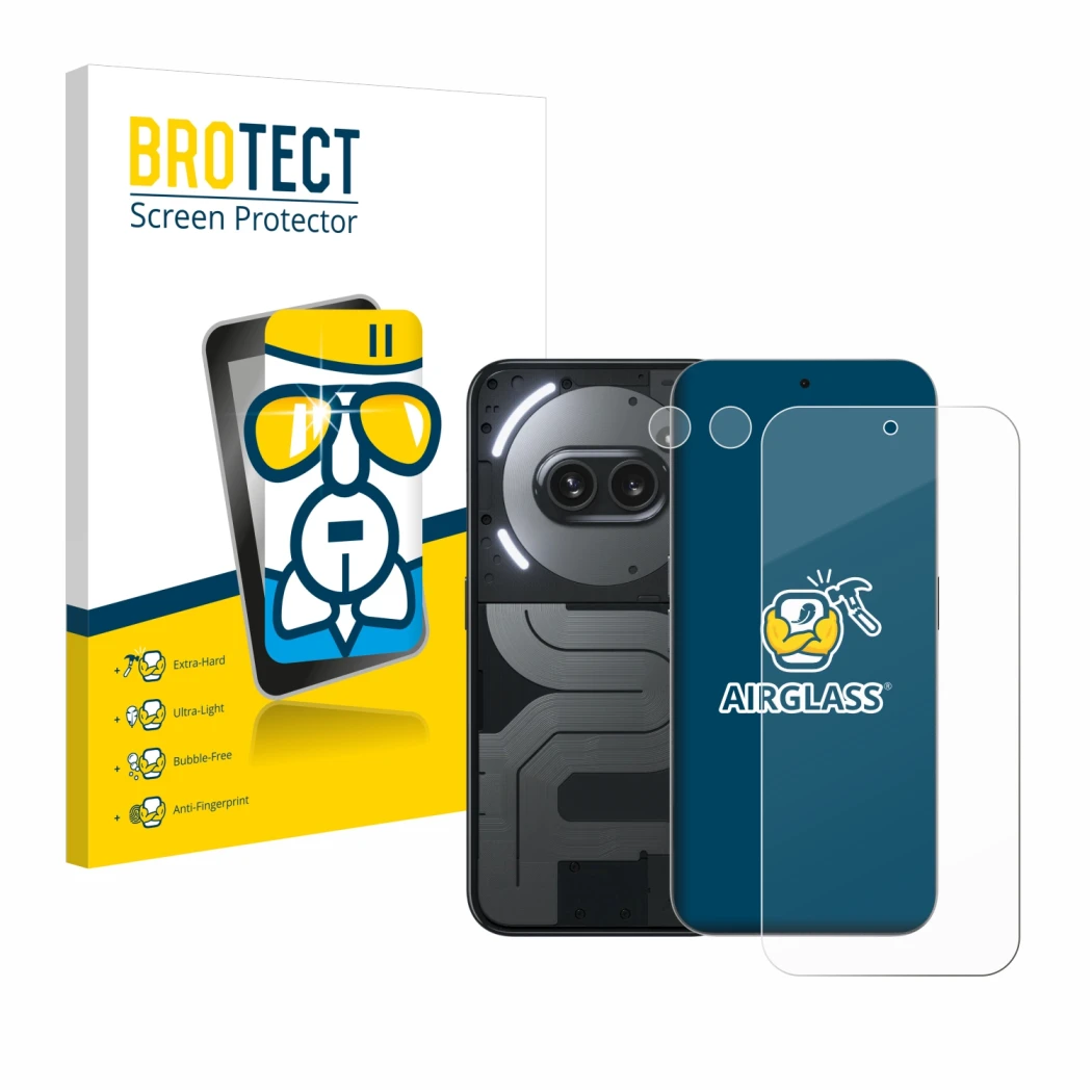 Front side of a product packaging with the brand logo BROTECT. Next to it is the device Nothing Phone (2a) Plus (Front+Camera)