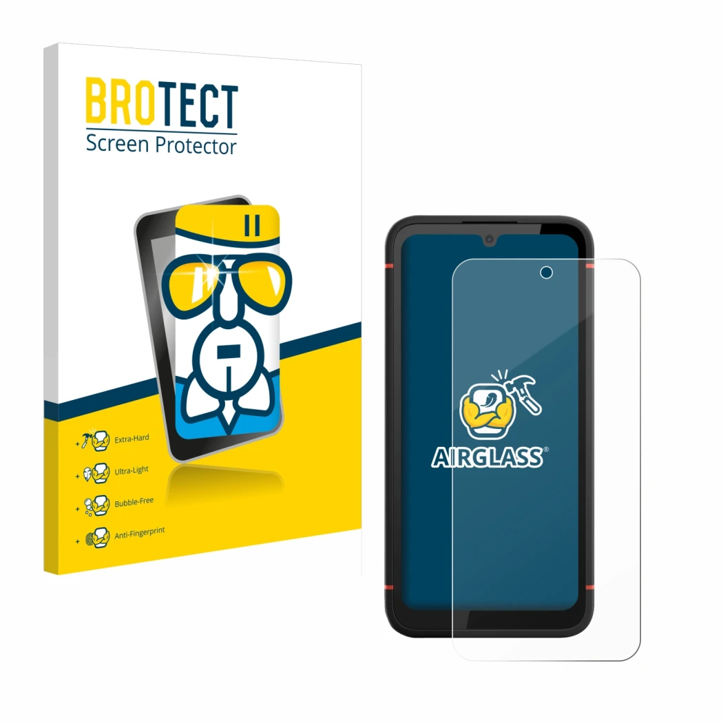 Front side of a product packaging with the brand logo BROTECT. Next to it is the device Gigaset GX4 Pro shown with the corresp