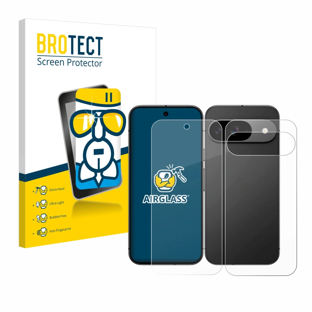 Front side of a product packaging with the brand logo BROTECT. Next to it is the device Google Pixel 9 (Front+Back) shown with