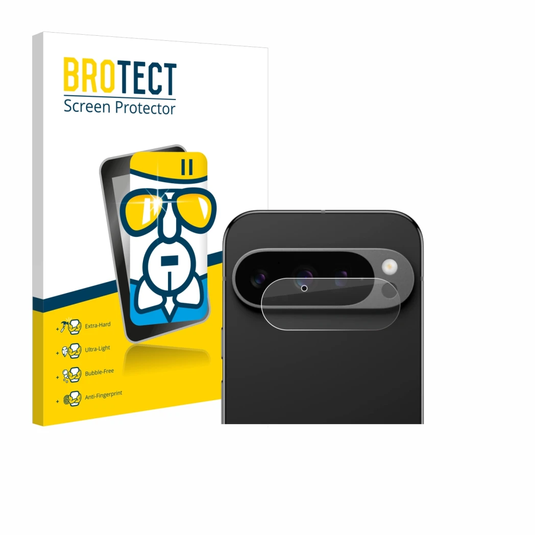 Front side of a product packaging with the brand logo BROTECT. Next to it is the device Google Pixel 9 Pro (ONLY Camera Lens)