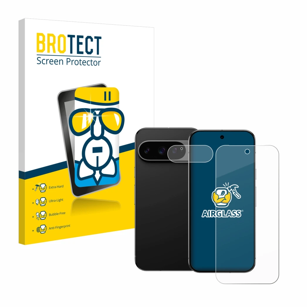 Front side of a product packaging with the brand logo BROTECT. Next to it is the device Google Pixel 9 Pro (Front+Camera) show