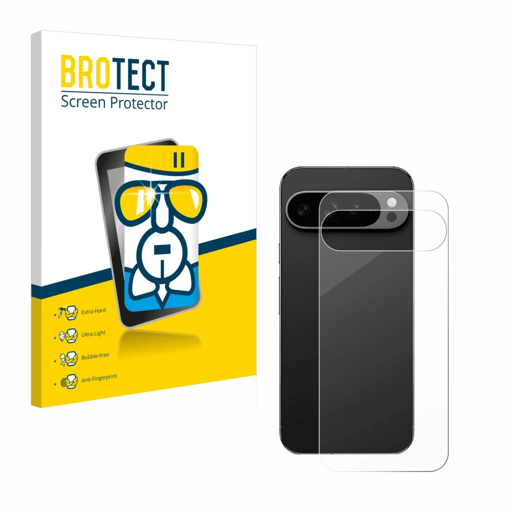 Front side of a product packaging with the brand logo BROTECT. Next to it is the device Google Pixel 9 Pro XL (Back) shown wit