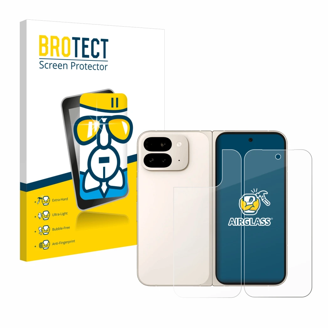 Front side of a product packaging with the brand logo BROTECT. Next to it is the device Google Pixel 9 Pro Fold (Front+Back) s