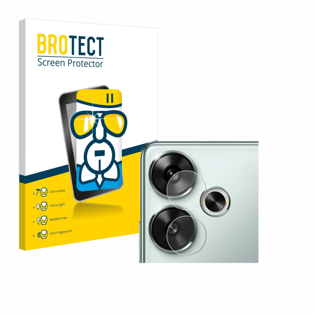 Front side of a product packaging with the brand logo BROTECT. Next to it is the device Xiaomi Poco F6 (ONLY Camera Lens) show