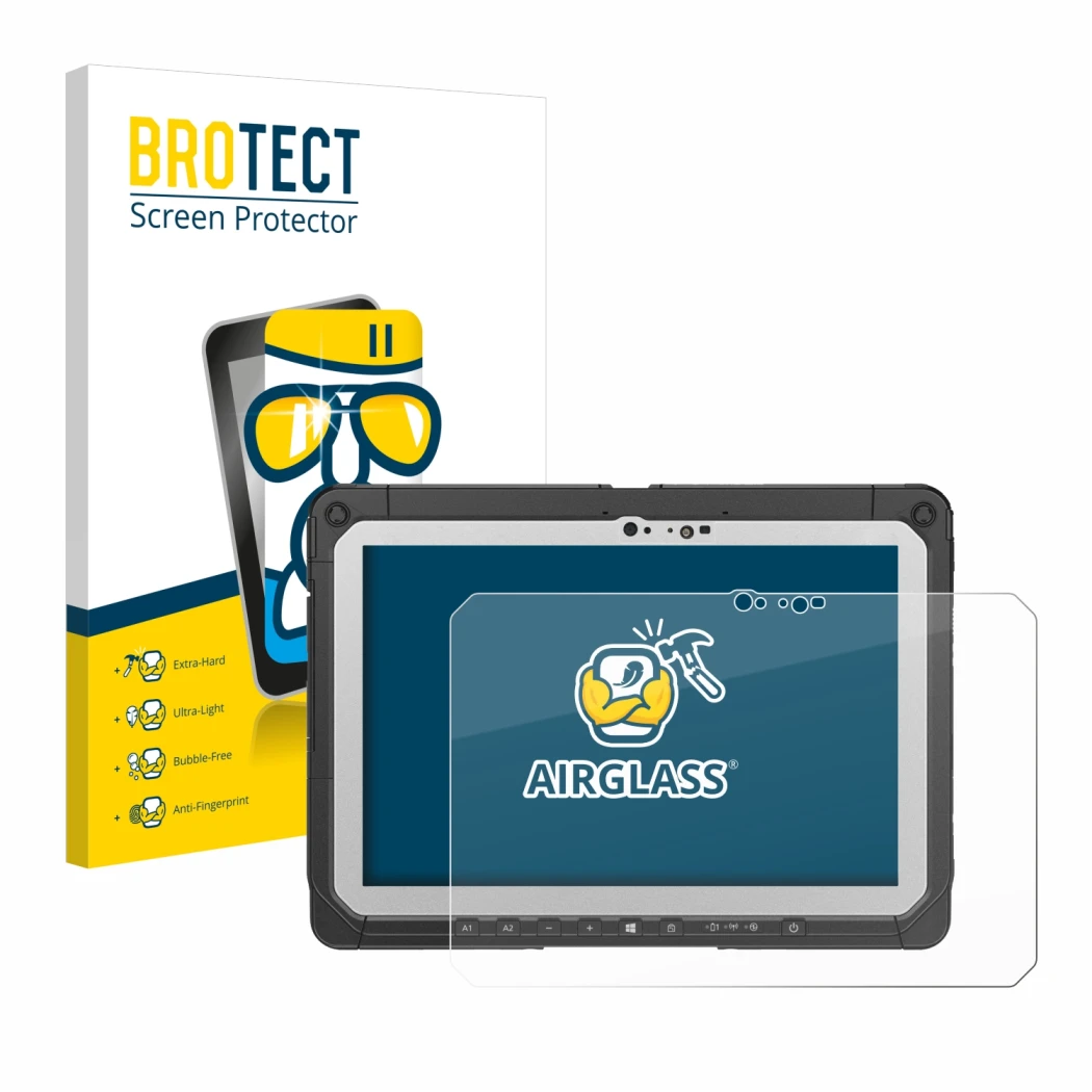 Front side of a product packaging with the brand logo BROTECT. Next to it is the device Panasonic Toughbook CF-20 MK2 shown wi