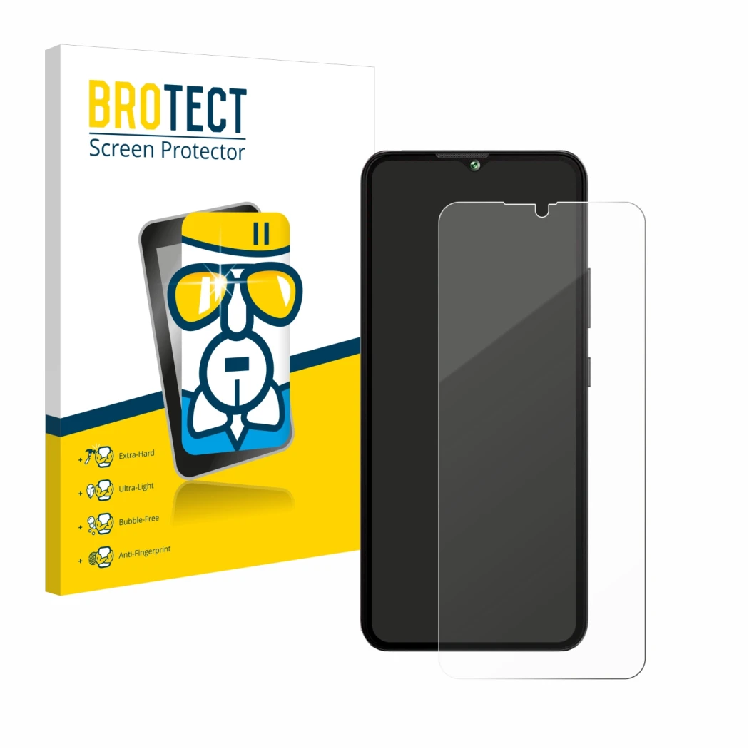 Front side of a product packaging with the brand logo BROTECT. Next to it is the device Cubot A10 shown with the corresponding