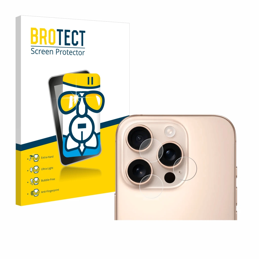 Front side of a product packaging with the brand logo BROTECT. Next to it is the device Apple iPhone 16 Pro Max (ONLY Camera L