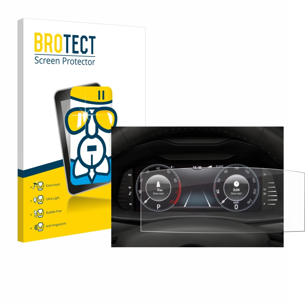 Front side of a product packaging with the brand logo BROTECT. Next to it is the device Skoda Virtual Cockpit 10.25
