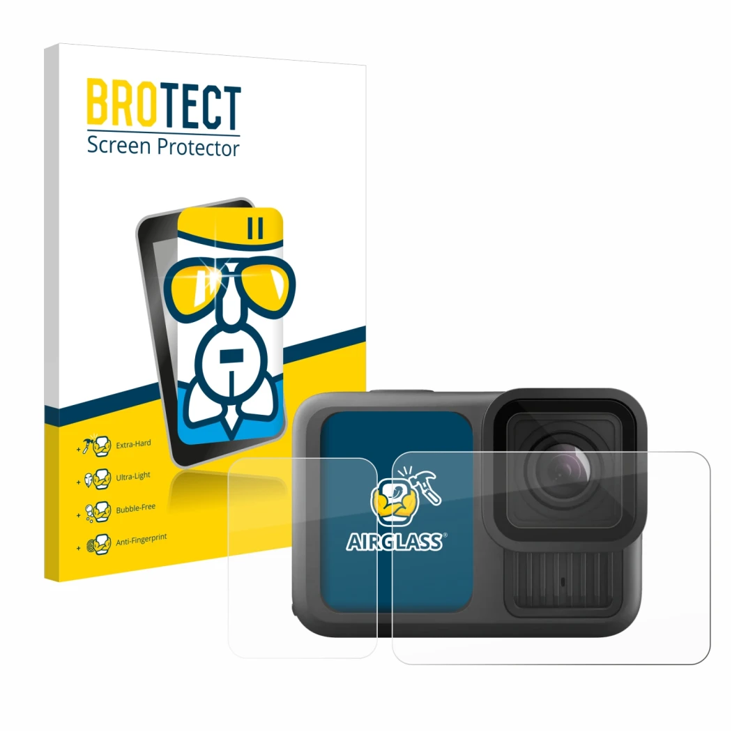 Front side of a product packaging with the brand logo BROTECT. Next to it is the device GoPro Hero 13 Black shown with the cor