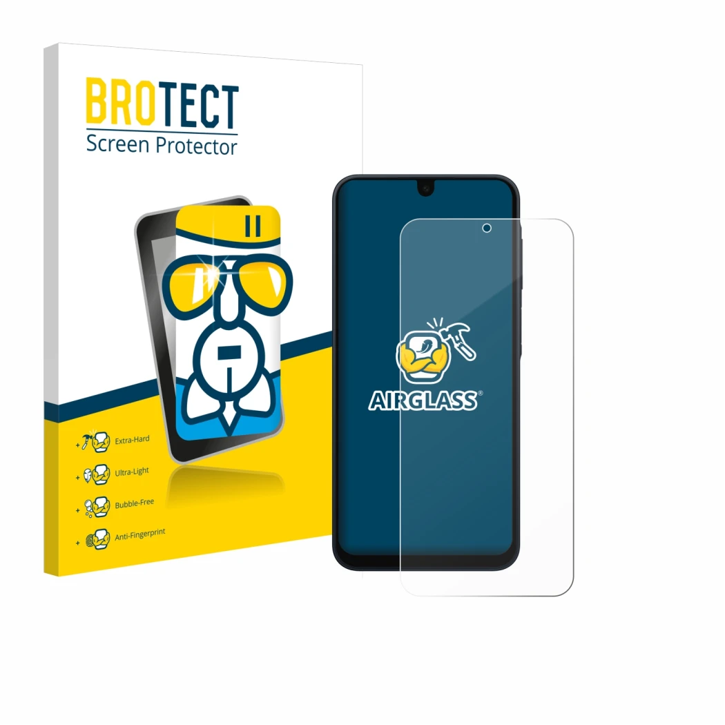 Front side of a product packaging with the brand logo BROTECT. Next to it is the device Samsung Galaxy A16 5G shown with the c