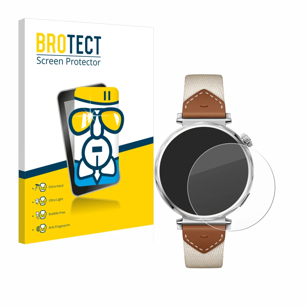 Front side of a product packaging with the brand logo BROTECT. Next to it is the device Huawei Watch GT 5 (41 mm) shown with t