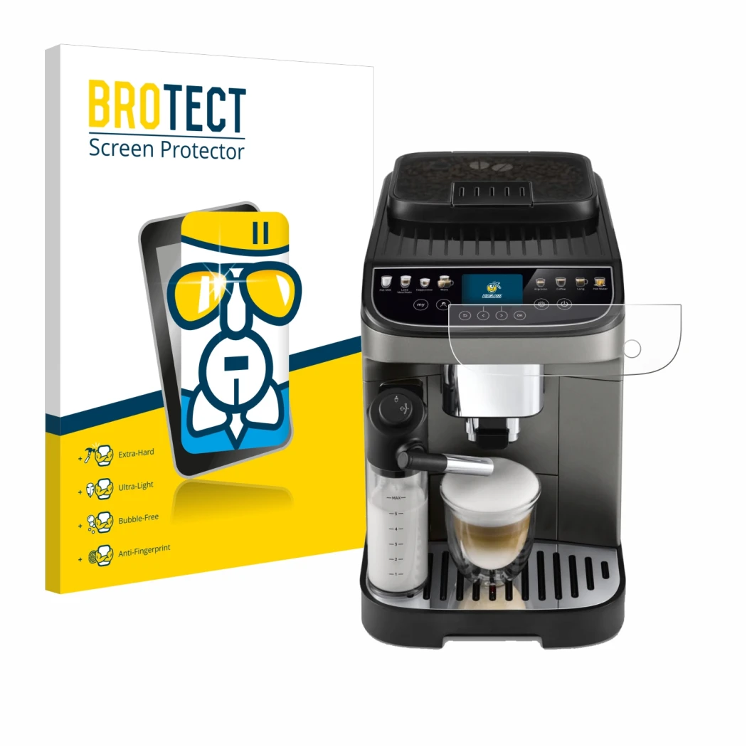 Front side of a product packaging with the brand logo BROTECT. Next to it is the device DeLonghi Magnifica Evo Next shown with