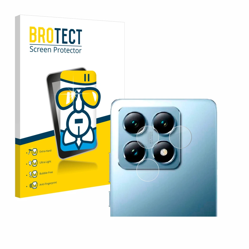Front side of a product packaging with the brand logo BROTECT. Next to it is the device Xiaomi 14T (ONLY Camera Lens) shown wi