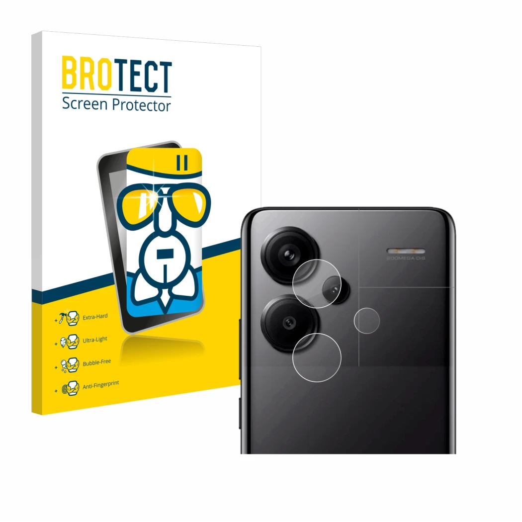 Front side of a product packaging with the brand logo BROTECT. Next to it is the device Xiaomi Redmi Note 13 Pro+ 5G (ONLY Cam