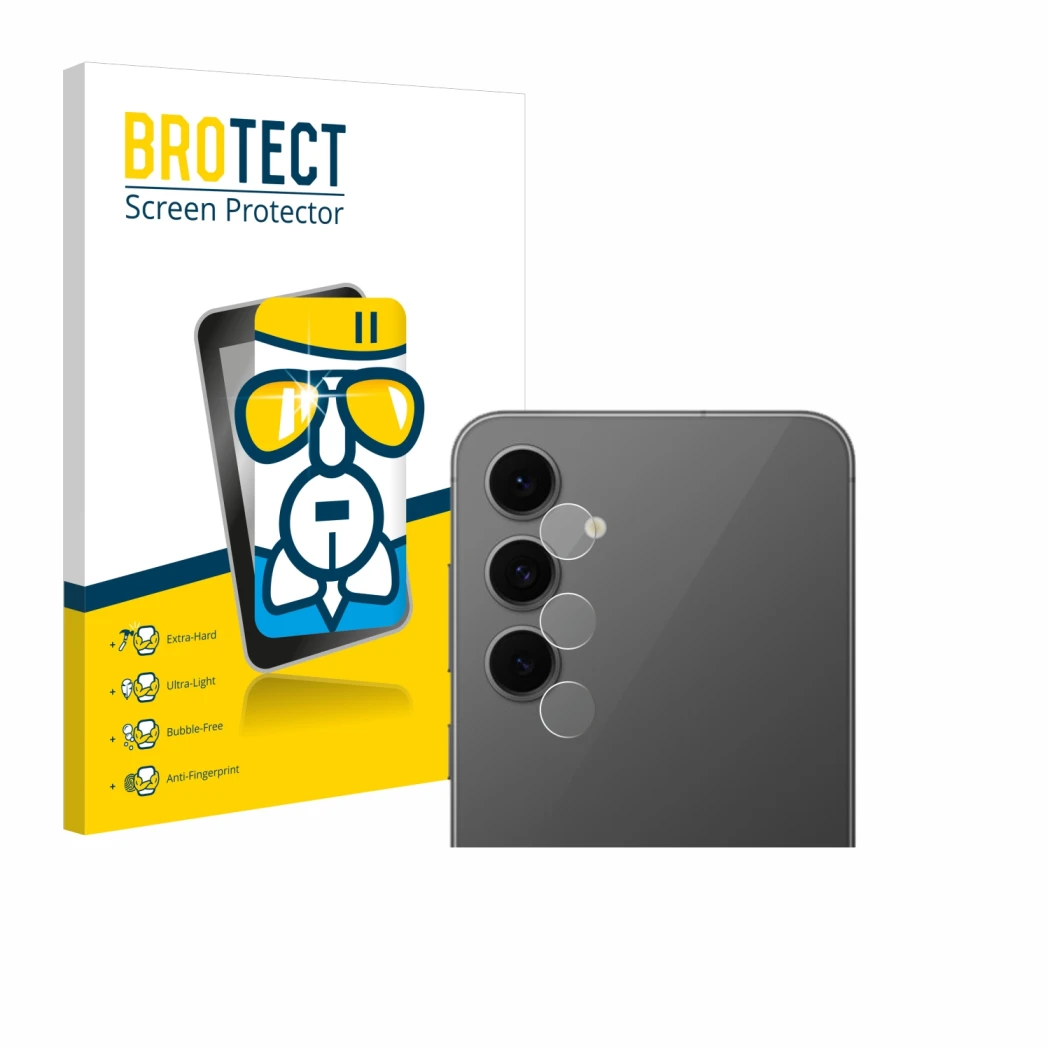 Front side of a product packaging with the brand logo BROTECT. Next to it is the device Samsung Galaxy S24 FE (ONLY Camera Len