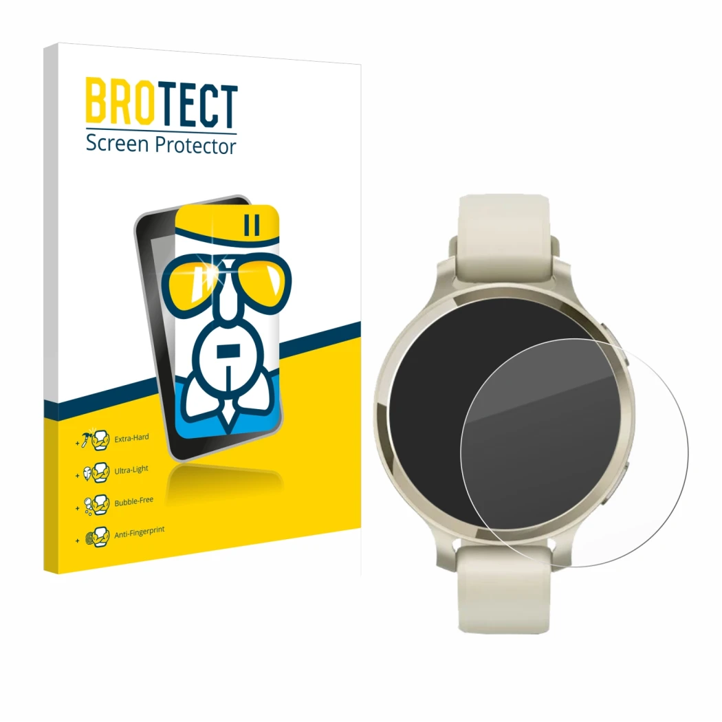 Front side of a product packaging with the brand logo BROTECT. Next to it is the device Garmin Lily 2 Active shown with the co