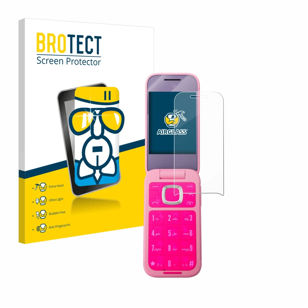 Front side of a product packaging with the brand logo BROTECT. Next to it is the device HMD Barbie Phone shown with the corres