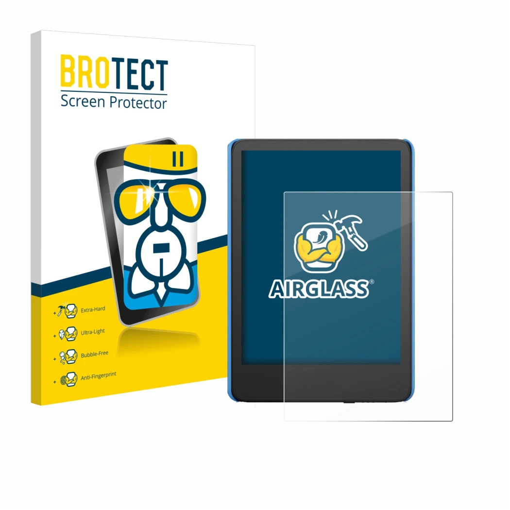 Front side of a product packaging with the brand logo BROTECT. Next to it is the device Amazon Kindle Kids (2024) shown with t