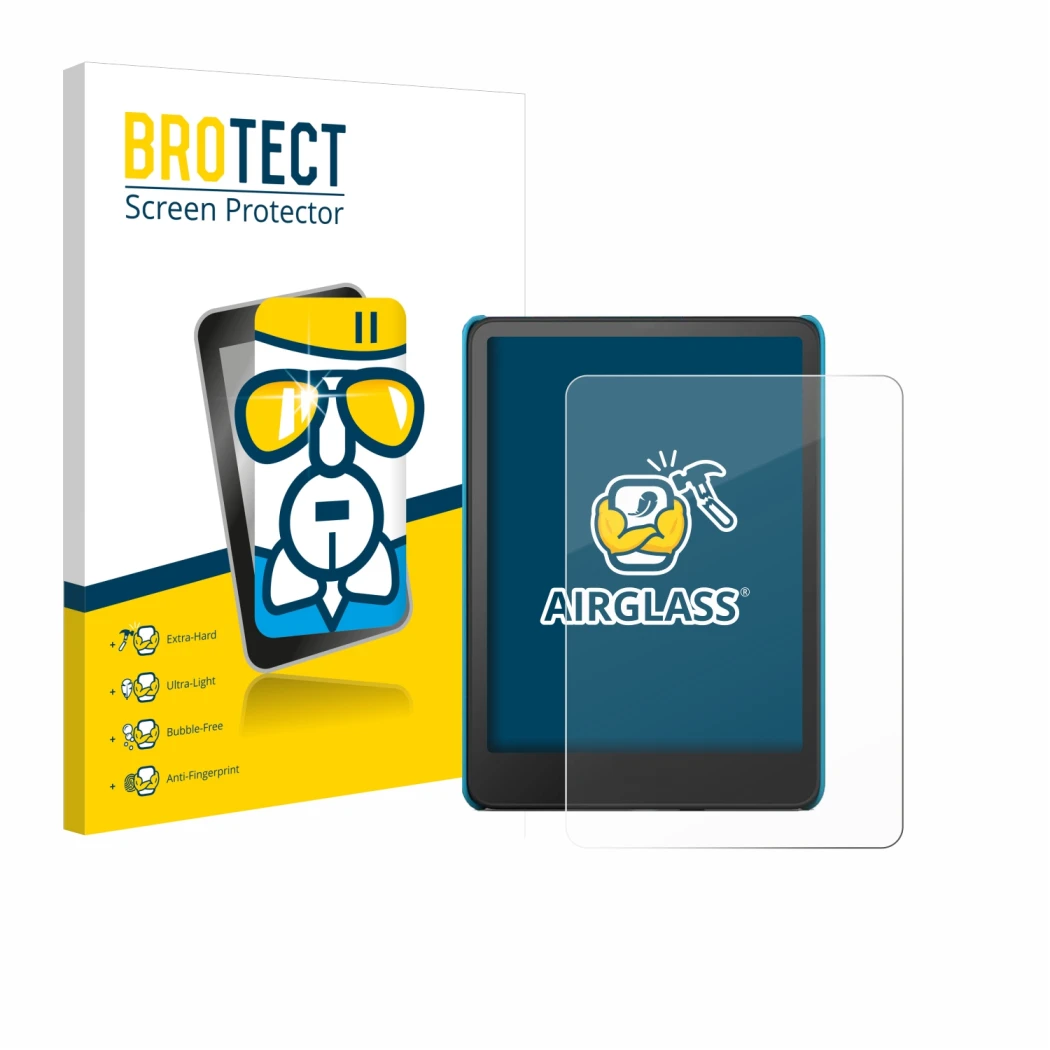 Front side of a product packaging with the brand logo BROTECT. Next to it is the device Amazon Kindle Paperwhite Kids 2024 sho