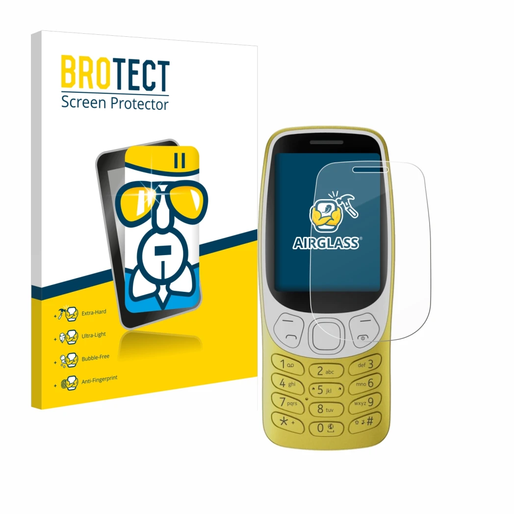 Front side of a product packaging with the brand logo BROTECT. Next to it is the device Nokia 3210 shown with the correspondin