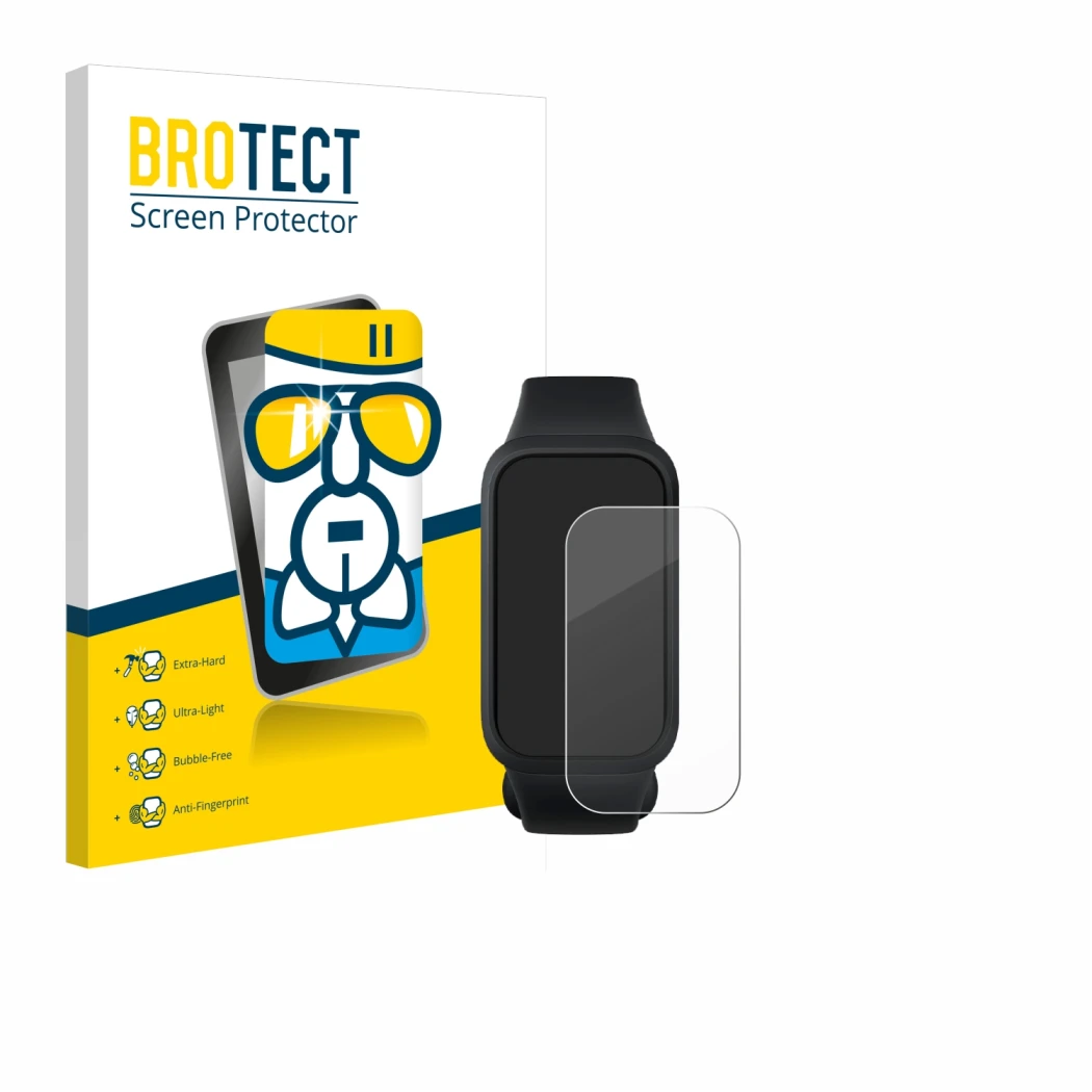 Front side of a product packaging with the brand logo BROTECT. Next to it is the device Xiaomi Smart Band 9 Active shown with 