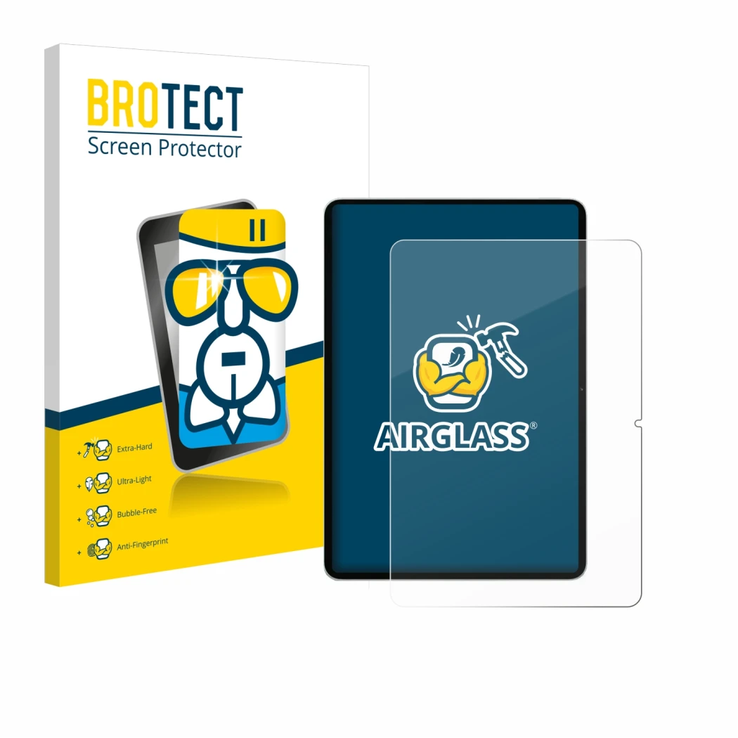 Front side of a product packaging with the brand logo BROTECT. Next to it is the device Xiaomi Pad 7 shown with the correspond