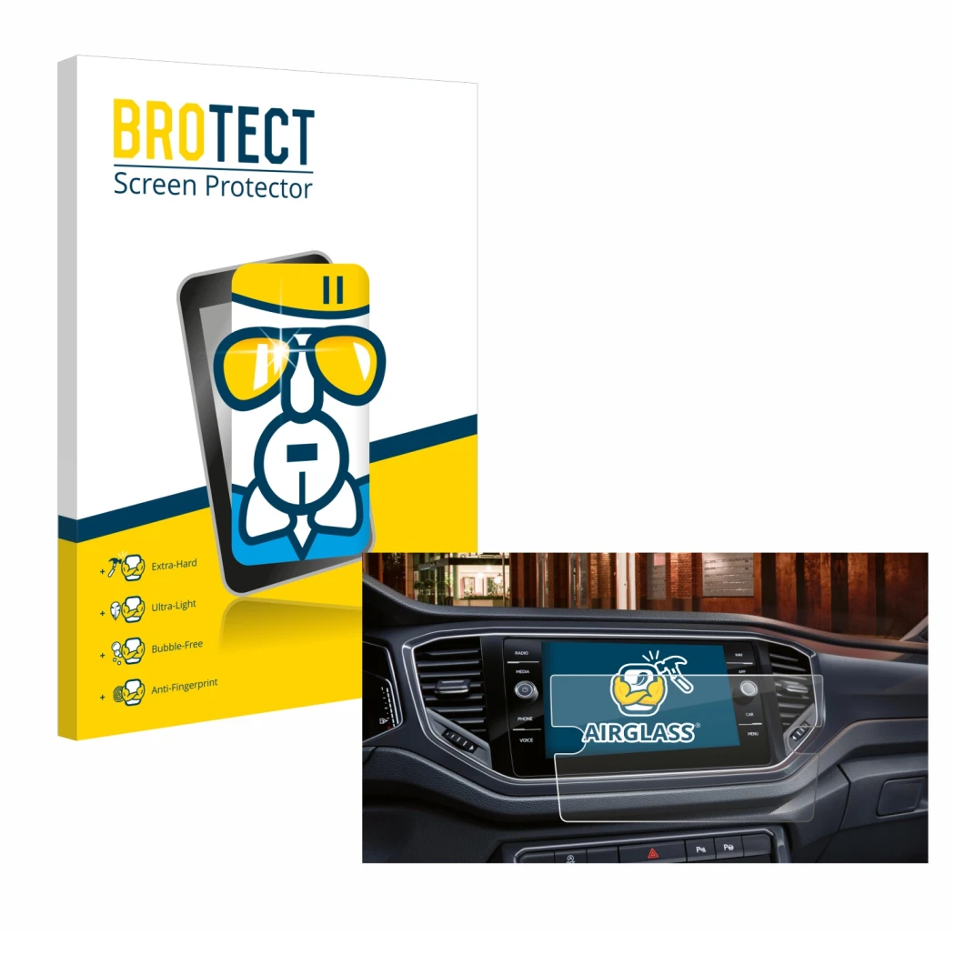 Front side of a product packaging with the brand logo BROTECT. Next to it is the device Volkswagen Touran 2.0 Discover Media 8