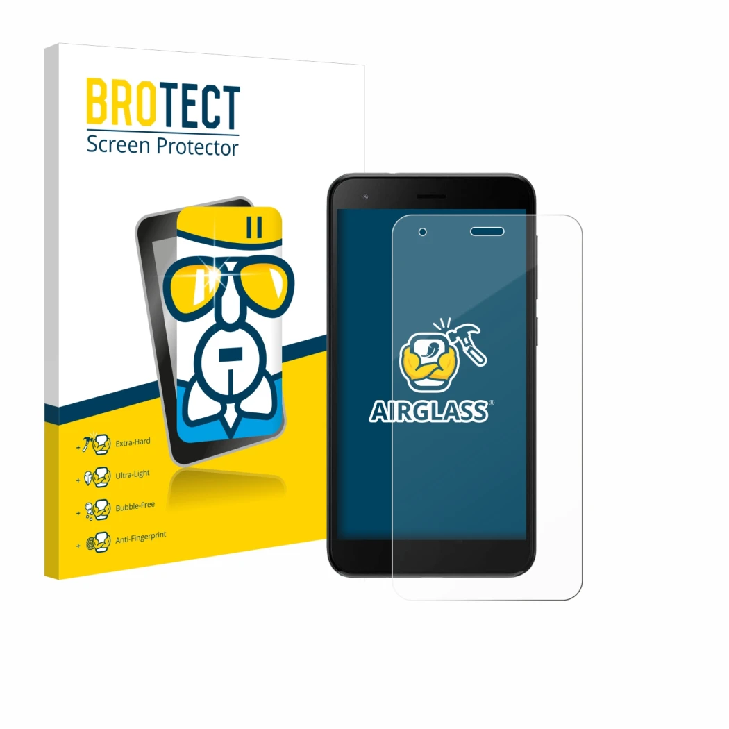 Front side of a product packaging with the brand logo BROTECT. Next to it is the device ZTE Blade A35 lite shown with the corr