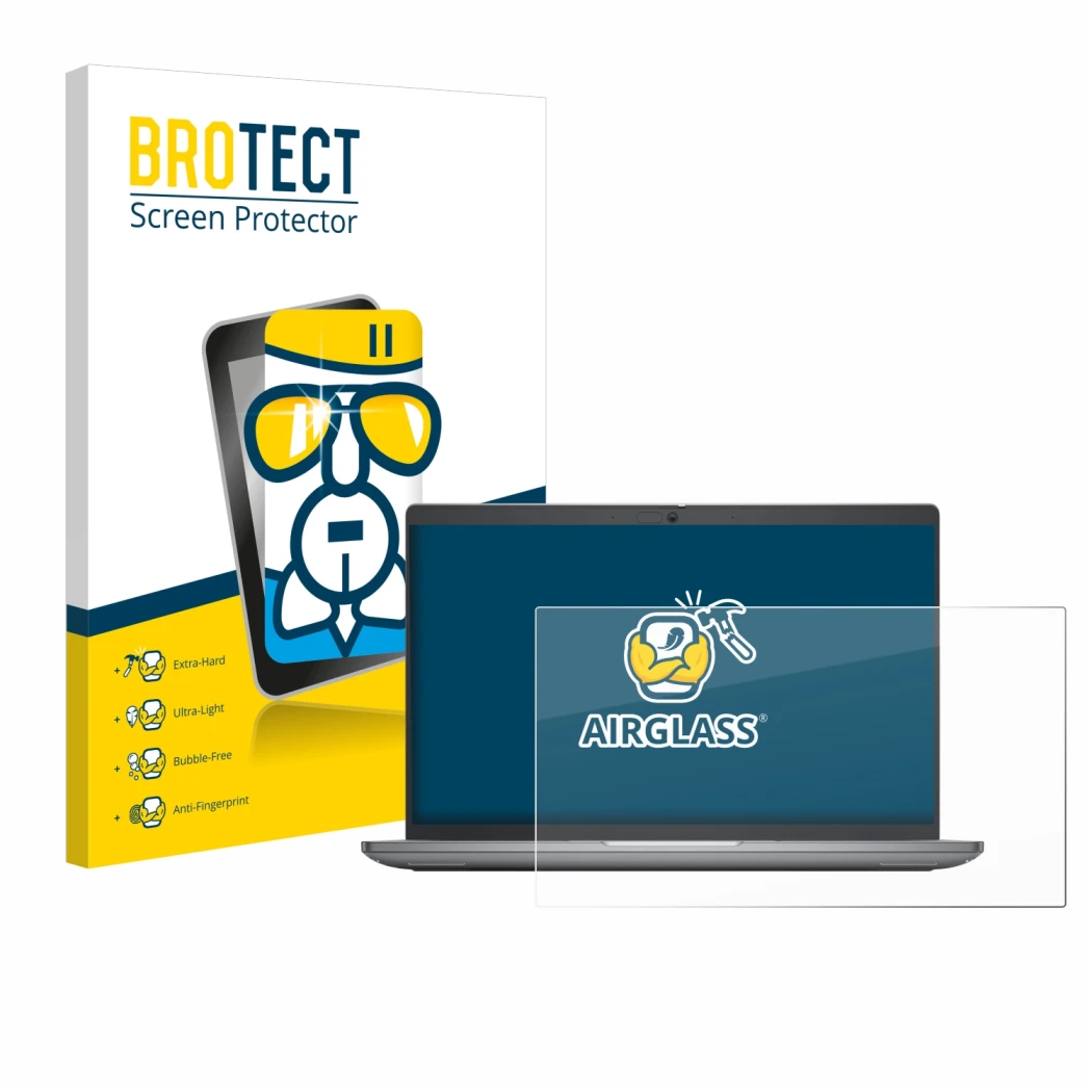 Front side of a product packaging with the brand logo BROTECT. Next to it is the device Dell Latitude 5450 Laptop 14