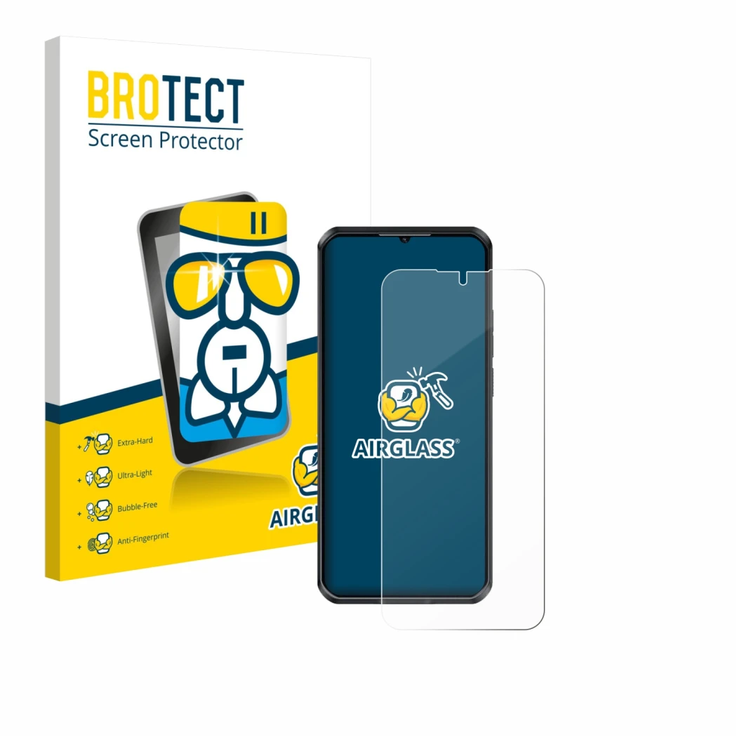 Front side of a product packaging with the brand logo BROTECT. Next to it is the device Oukitel WP52 shown with the correspond
