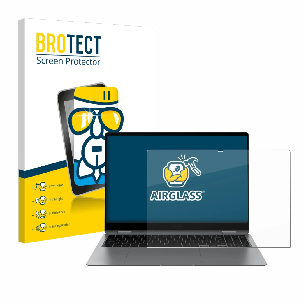 Front side of a product packaging with the brand logo BROTECT. Next to it is the device Samsung Galaxy Book5 Pro 360 16