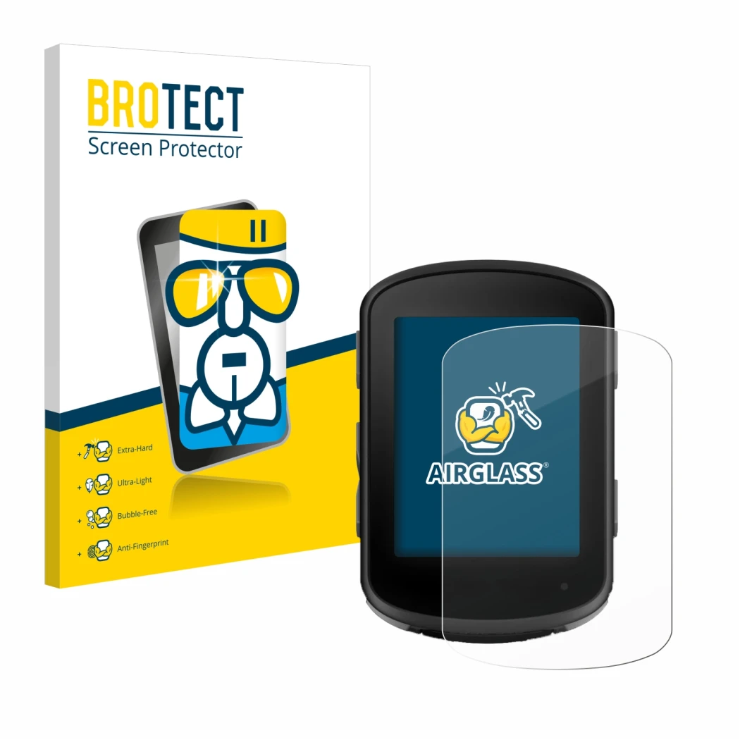 Front side of a product packaging with the brand logo BROTECT. Next to it is the device Garmin Edge 840 Solar shown with the c