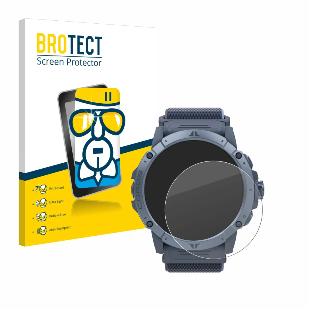 Front side of a product packaging with the brand logo BROTECT. Next to it is the device Coros Vertix 2S shown with the corresp