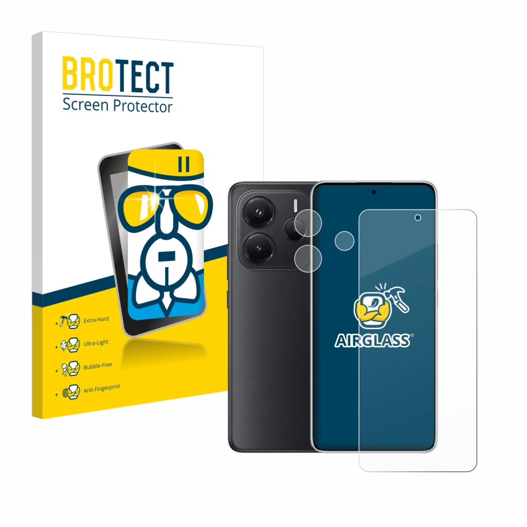 Front side of a product packaging with the brand logo BROTECT. Next to it is the device Xiaomi Redmi Note 14 (Front+Camera) sh