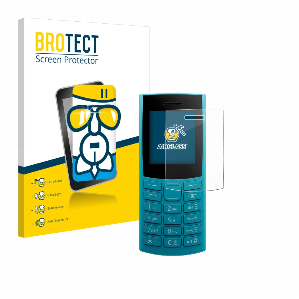 Front side of a product packaging with the brand logo BROTECT. Next to it is the device Nokia 105 4G 2nd Edition shown with th