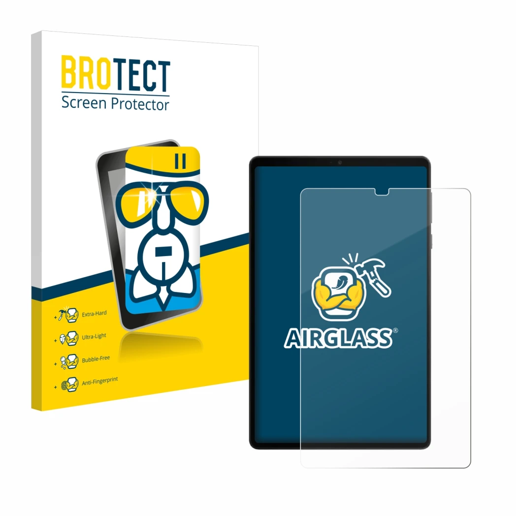 Front side of a product packaging with the brand logo BROTECT. Next to it is the device Lenovo Legion Tab Gen 3 shown with the