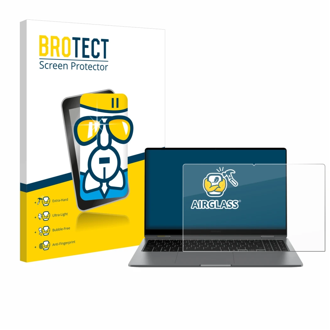 Front side of a product packaging with the brand logo BROTECT. Next to it is the device Samsung Galaxy Book5 360 15.6