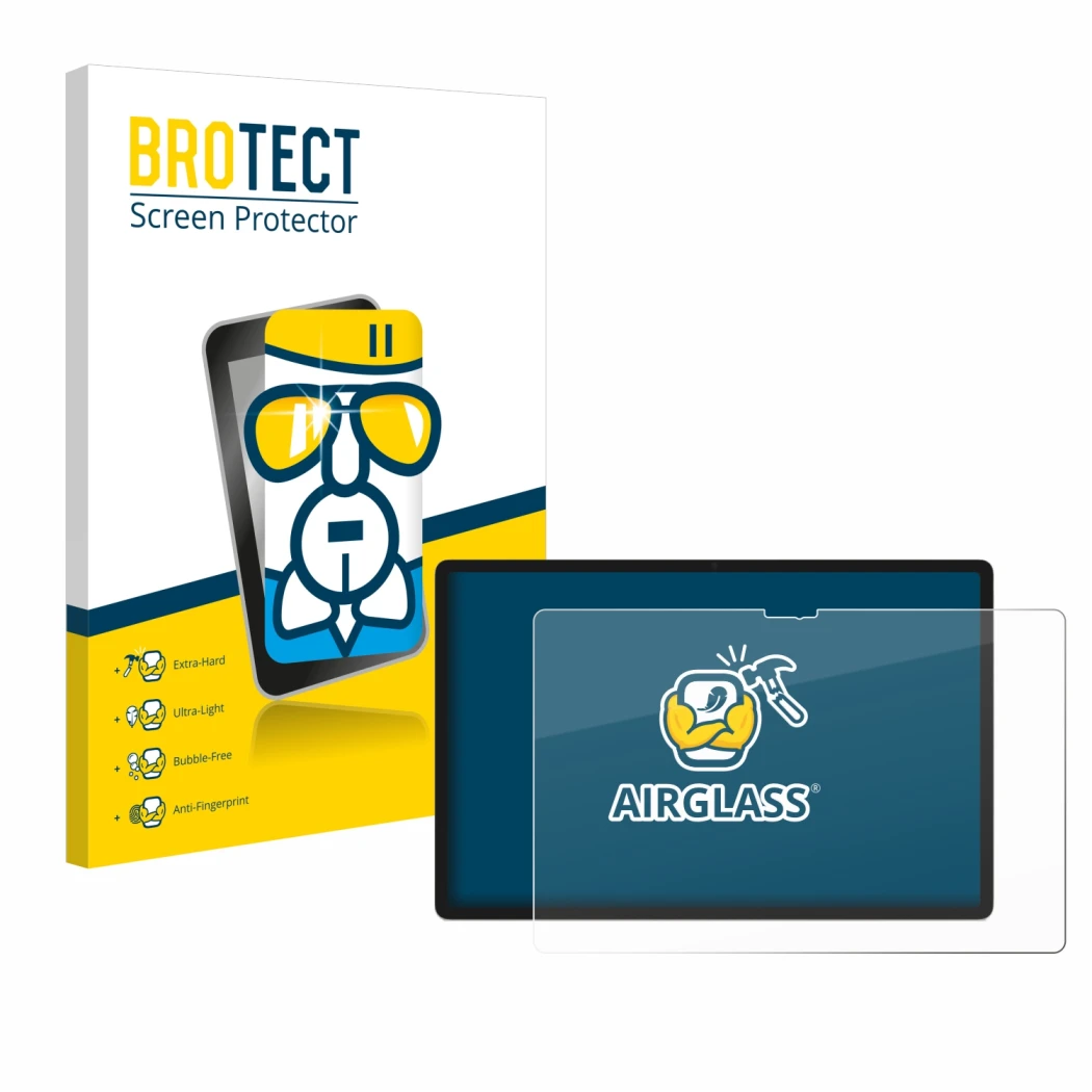 Front side of a product packaging with the brand logo BROTECT. Next to it is the device Lenovo Yoga Tab 2025 shown with the co