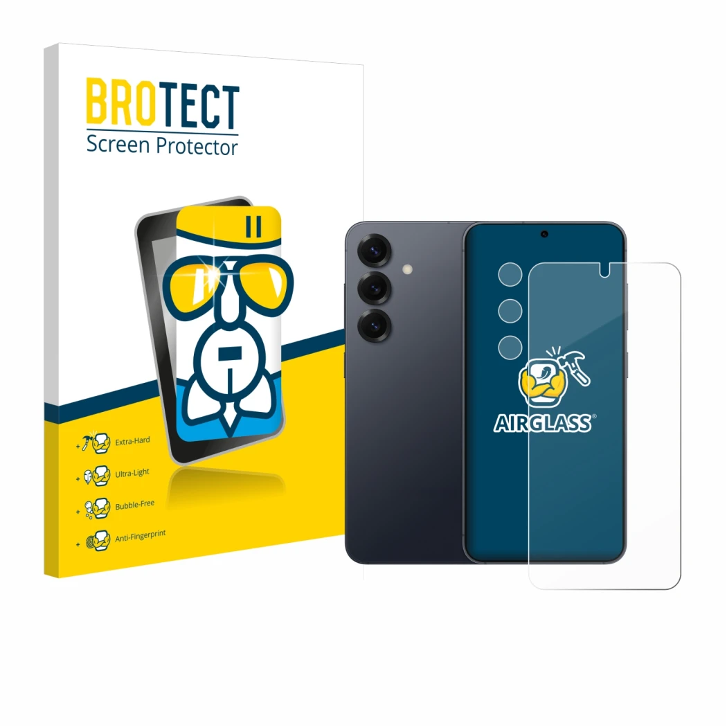 Front side of a product packaging with the brand logo BROTECT. Next to it is the device Samsung Galaxy S25 (Front+Camera) show