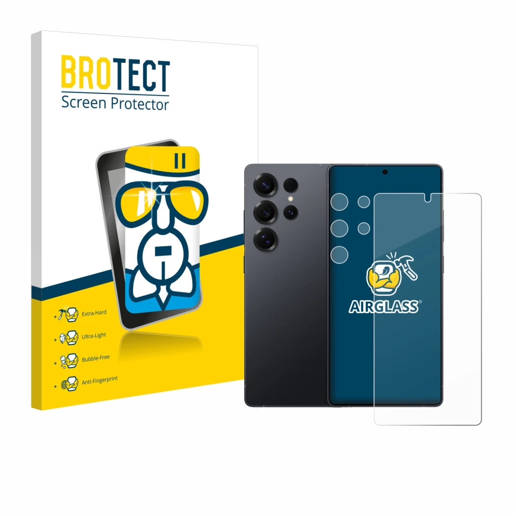 Front side of a product packaging with the brand logo BROTECT. Next to it is the device Samsung Galaxy S25 Ultra (Front+Camera
