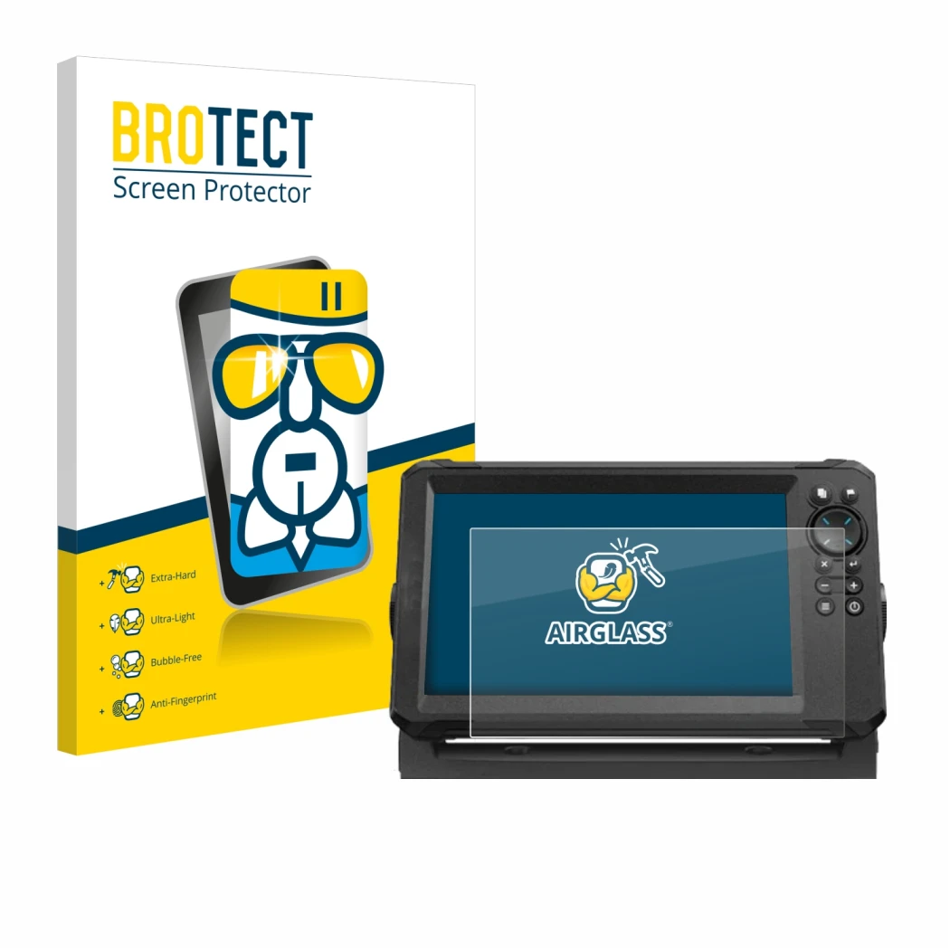 Front side of a product packaging with the brand logo BROTECT. Next to it is the device Lowrance Eagle 9 shown with the corres