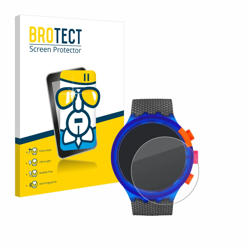 Front side of a product packaging with the brand logo BROTECT. Next to it is the device Swatch Neon Party shown with the corre