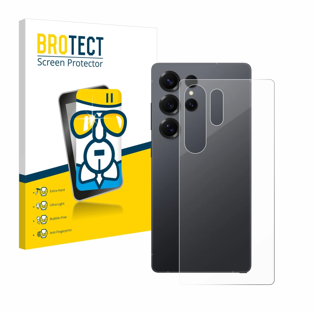 Front side of a product packaging with the brand logo BROTECT. Next to it is the device Samsung Galaxy S25 Ultra Enterprise Ed