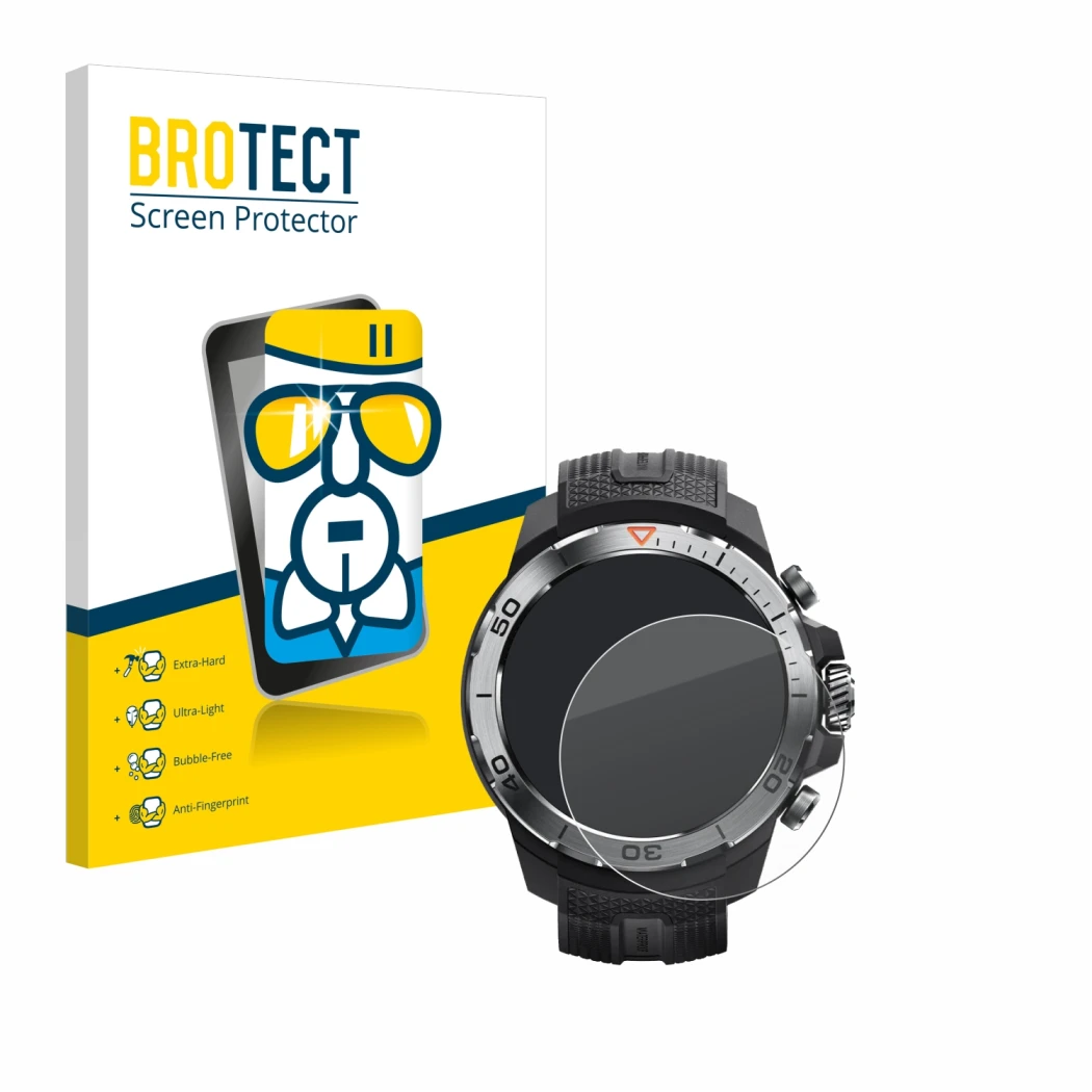 Front side of a product packaging with the brand logo BROTECT. Next to it is the device Xiaomi Mibro GS Explorer shown with th